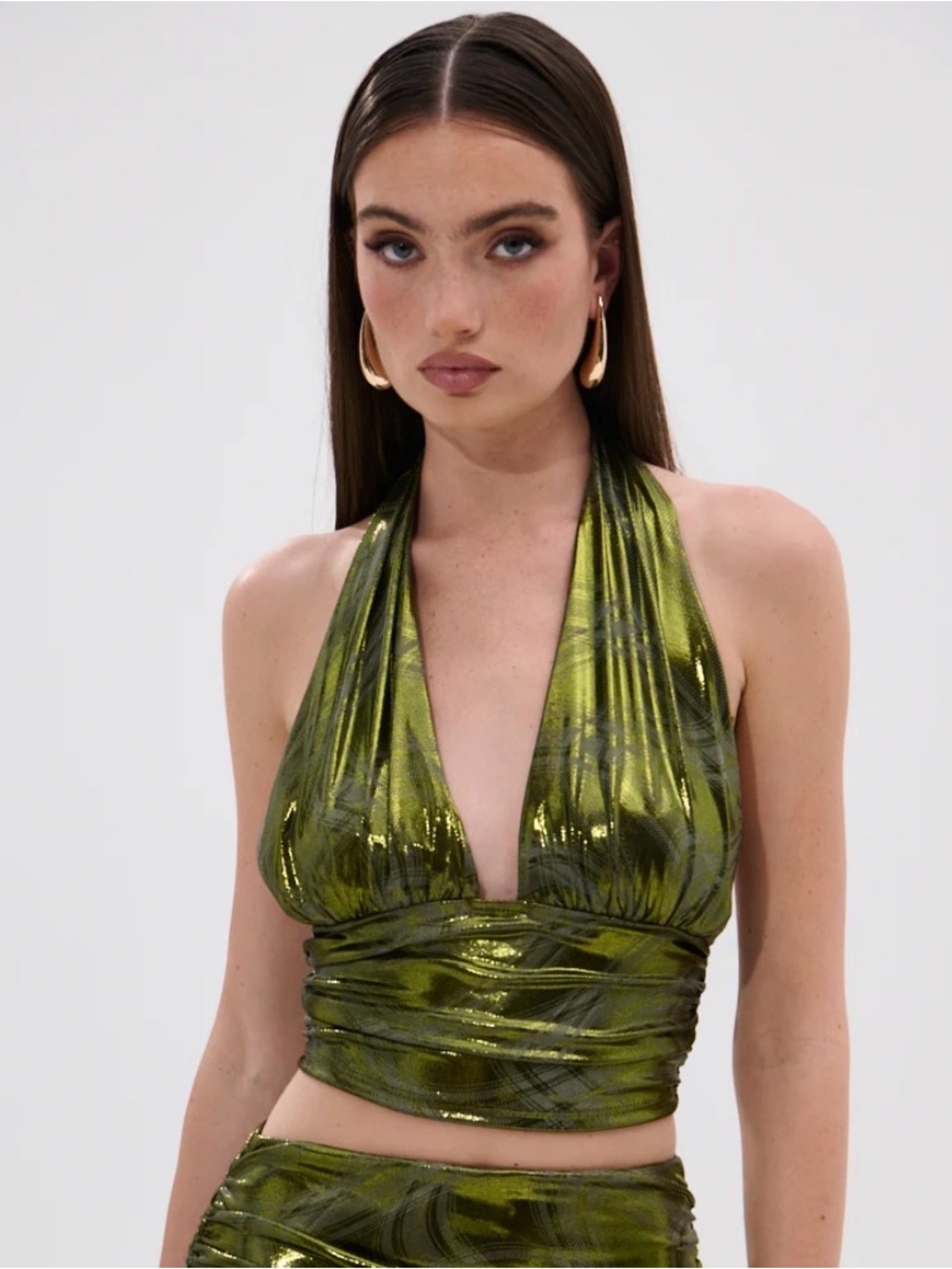 AKIRA Metallic Olive Green Halter Crop Top